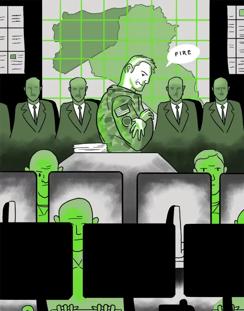 Illustration of a cyber office. Three people sit behind screens. Behind them a row of four people in suits and one person in military clothes, who, with a grim face, says: FIRE.