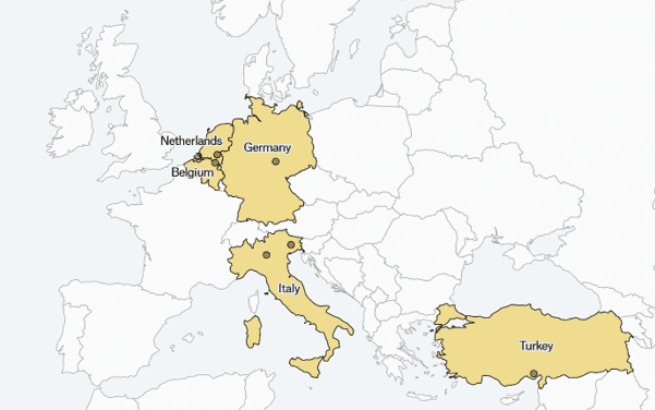 Map of Europe showing the places where US nuclear weapons still remain. Those countries, Belgium (Kleine Brogel), Germany (Buchel), Italy (Aviano and Ghedi), Turkey (Incirlik) and the Netherlands (Volkel).