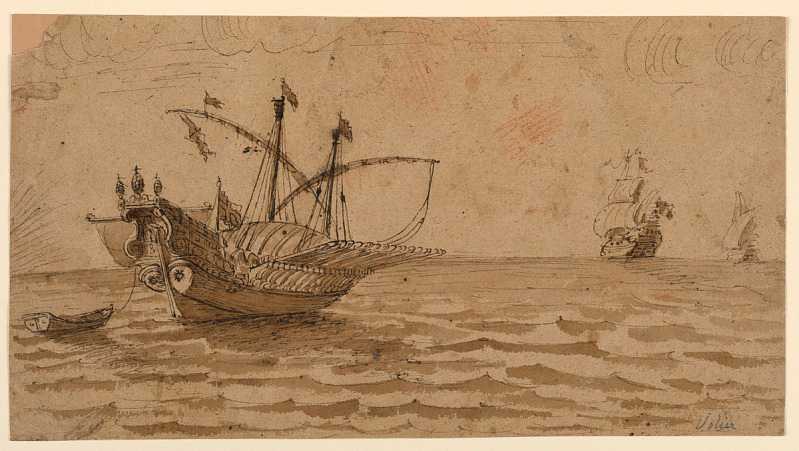 Historical ink drawing of two war ships at sea