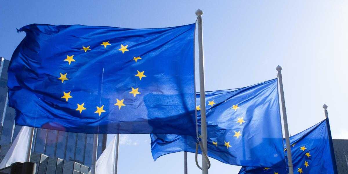 The photograph shows several European Union Flags waving in the wind.