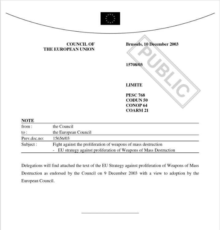 The image is a formal EU document from the Council of the European Union, dated 10 December 2003, addressed to the European Council.