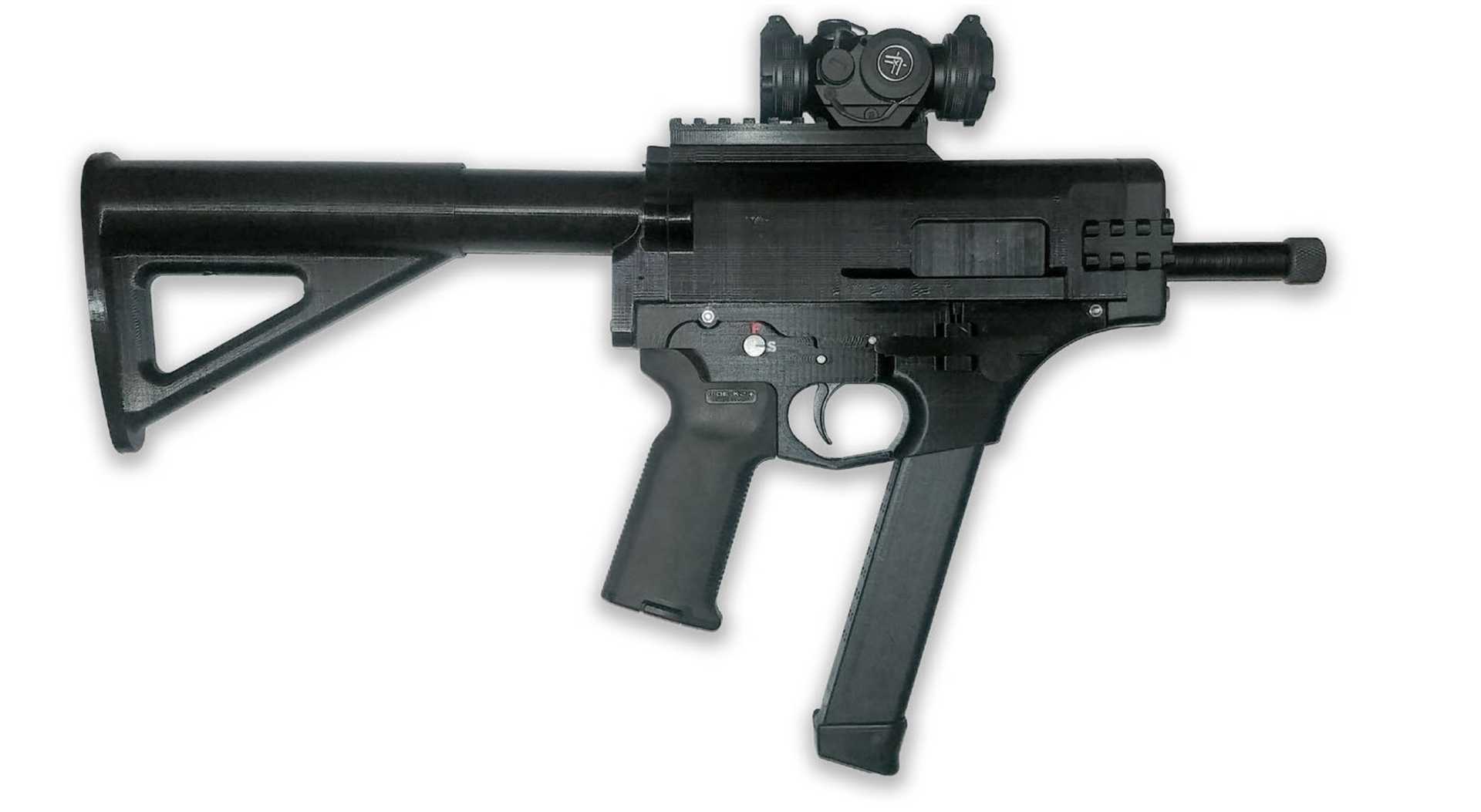 A photograph of a 3D-printed prototye of a “FGC-9” semiautomatic carabine.
